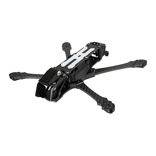DeepSpace SEEKER5 carbon-fiber FPV frame kit shown in a front three-quarter view with four arms and camera cage.