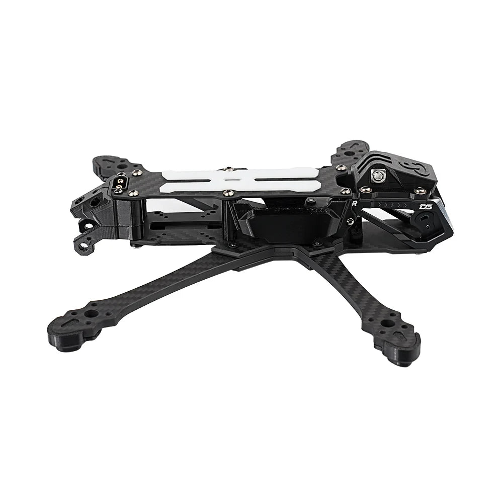 DeepSpace SEEKER5 FPV frame kit in a side three-quarter view, showing the carbon-fiber arms, top plate, and front cage.