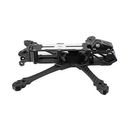 DeepSpace SEEKER5 FPV frame kit in a side three-quarter view, showing the carbon-fiber arms, top plate, and front cage.
