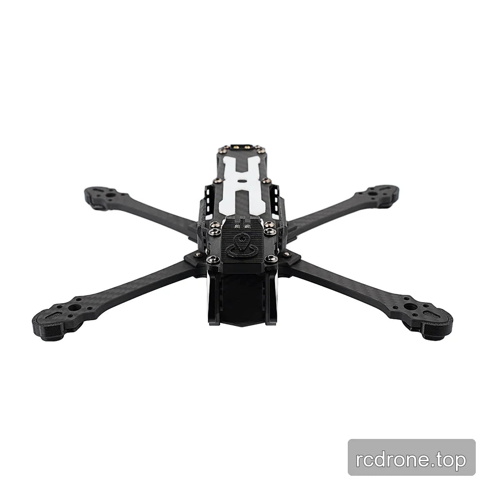 DeepSpace SEEKER5 carbon-fiber FPV frame kit viewed from the rear, with four arms, raised top plate, and rear bracket visible.