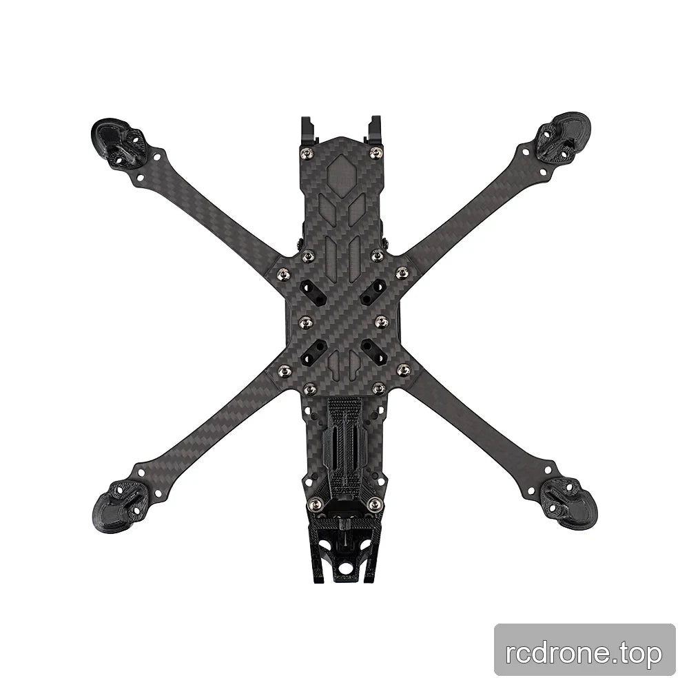 Top-down view of the DeepSpace SEEKER5 FPV frame kit, showing the carbon-fiber X-arm layout, center plate, and front bracket.