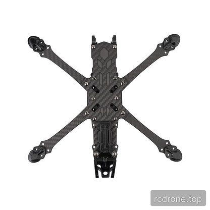 Top-down view of the DeepSpace SEEKER5 FPV frame kit, showing the carbon-fiber X-arm layout, center plate, and front bracket.