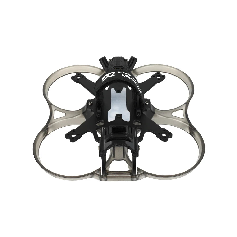 Front view of the DeepSpace Stellar 25 frame, showing four translucent propeller ducts, central plate, battery strap, and front mount.