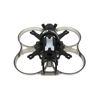 Front view of the DeepSpace Stellar 25 frame, showing four translucent propeller ducts, central plate, battery strap, and front mount.