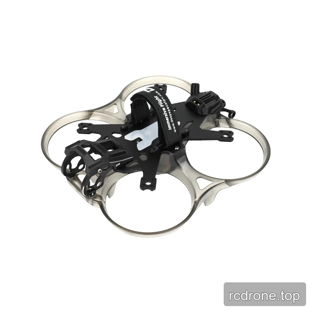 DeepSpace Stellar 25 cinewhoop frame viewed from above at an angle, showing the central plate, strap, front mount, and duct guards.
