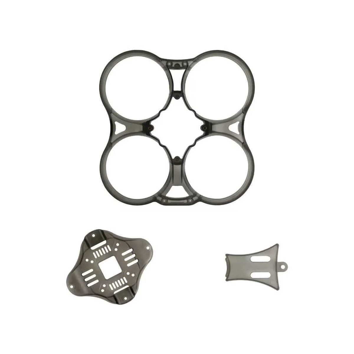Gray four-duct guard with a square center mounting plate and a small slotted gray bracket on a white background.