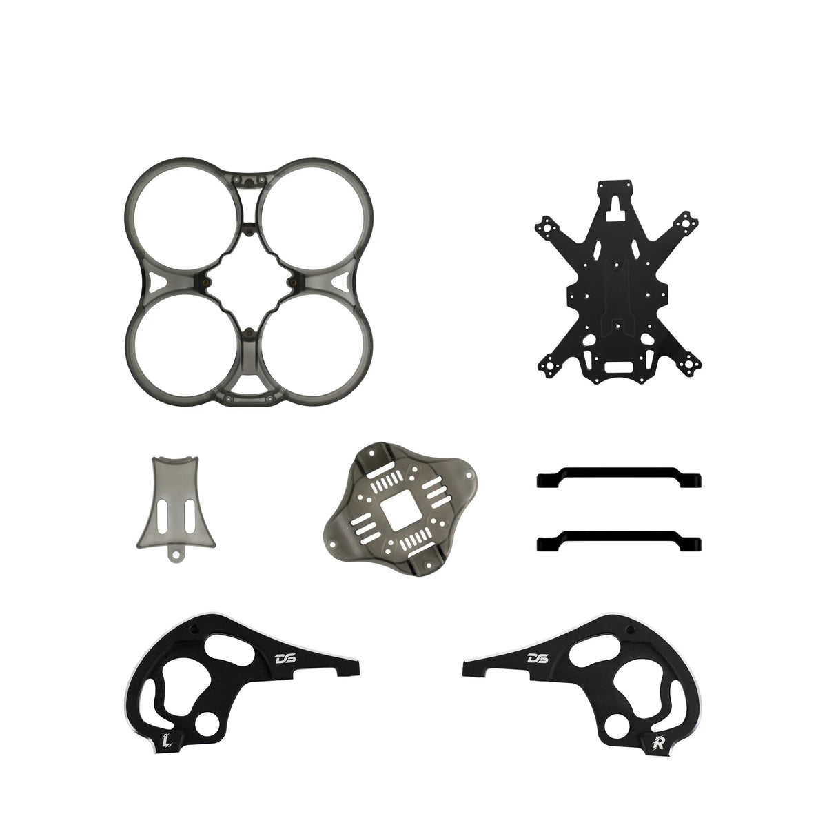 Assorted FPV quadcopter frame replacement parts, including a gray four-duct guard, black plate, brackets, and left-right plates.