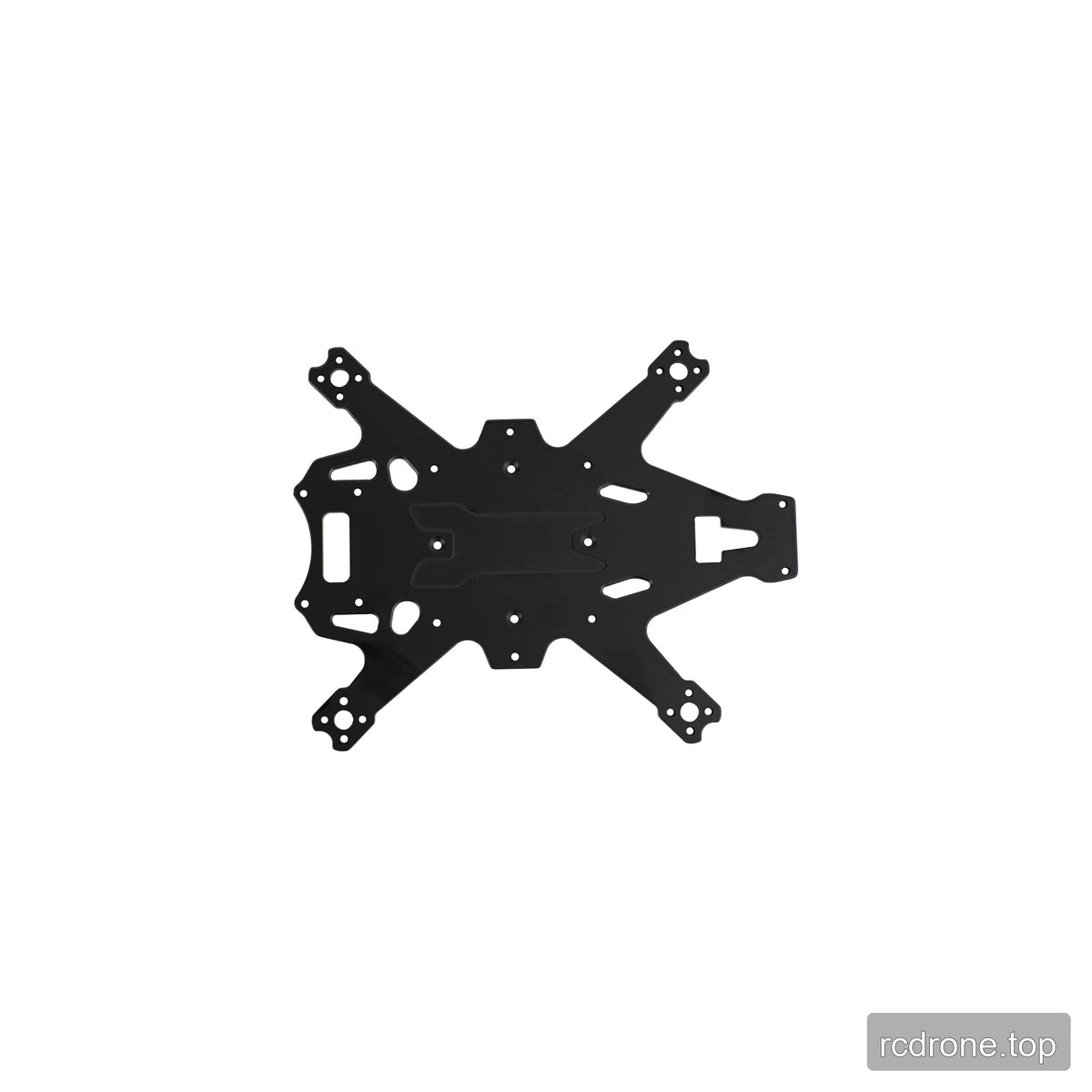 Black X-shaped quadcopter frame plate with four arm ends, circular mounting holes, slots, and central cutouts.