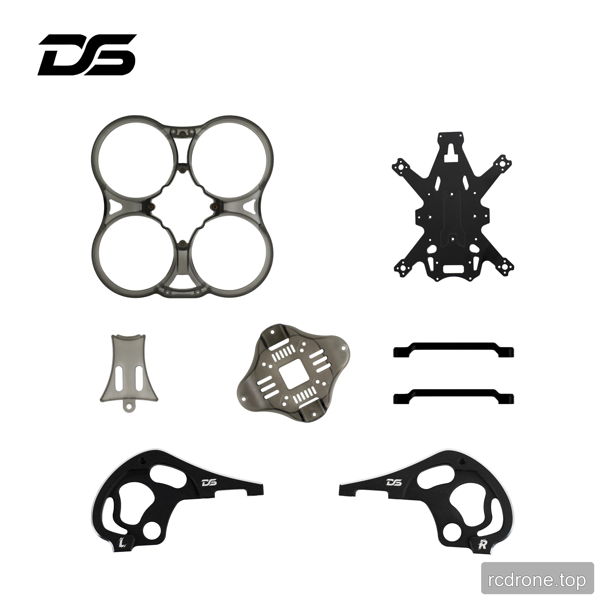 DeepSpace FPV quadcopter replacement components including guard, central plate, camera plates, and straps