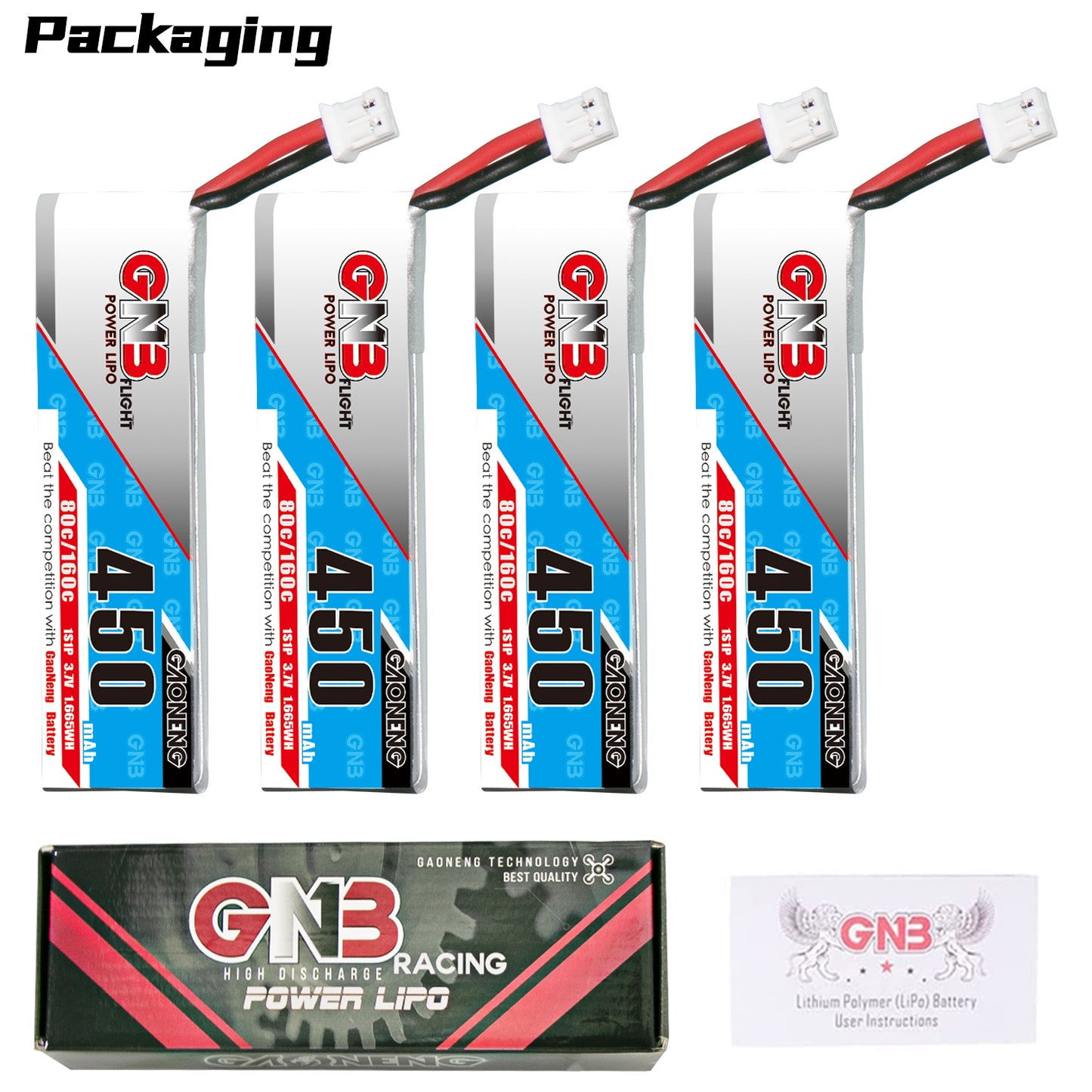 Packaging contents shown: four GNB 450 long-type LiPo batteries, GNB Racing Power LiPo box and user manual