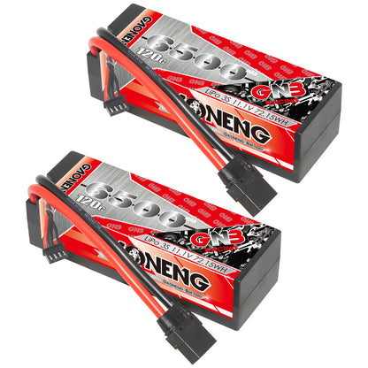 Two GAONENG GNB 6500mAh 120C hard case LiPo batteries shown side by side with XT90 leads