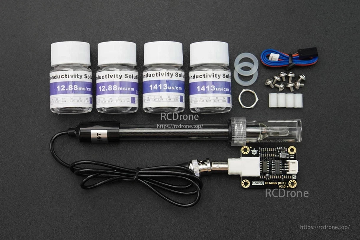 DFRobot Gravity Analog EC Sensor, Gravity EC Meter V2.0 with conductivity solutions, sensor probe, and accessories.