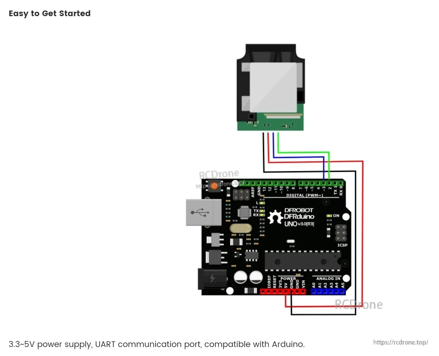 DFRobot SEN0366 infrared laser distance sensor works with 3.3-5V power, uses UART communication, is Arduino compatible, and connects easily to DFRduino UNO via digital pins.