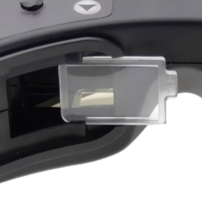 Close-up of diopter lens inserted into Fat Shark analog FPV goggle lens holder for vision correction