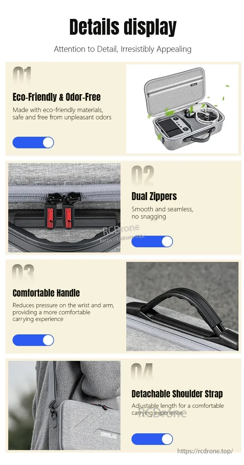 DJI FLIP Carrying Case, Eco-friendly, odor-free bag with dual zippers, comfortable handle, and adjustable shoulder strap for lightweight, convenient transport.