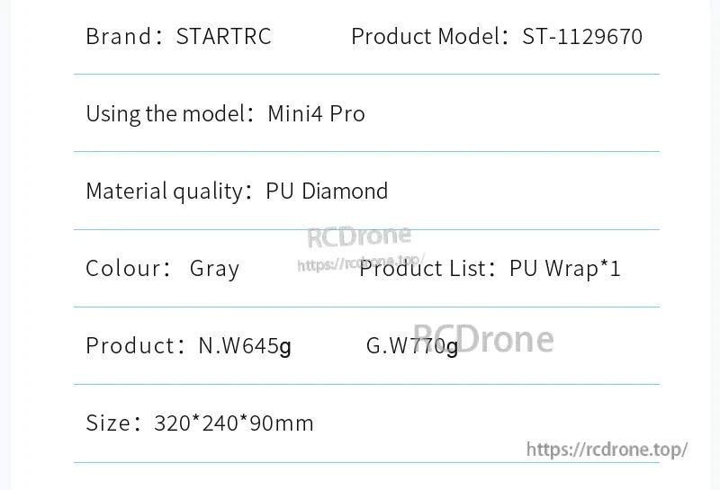 DJI Mini 4 Pro Carry Case, STARTRC ST-1129670 gray mini carry case for Mini 4 Pro, 320x240x90mm, PU diamond material, 645g net/770g gross weight, includes one PU wrap.