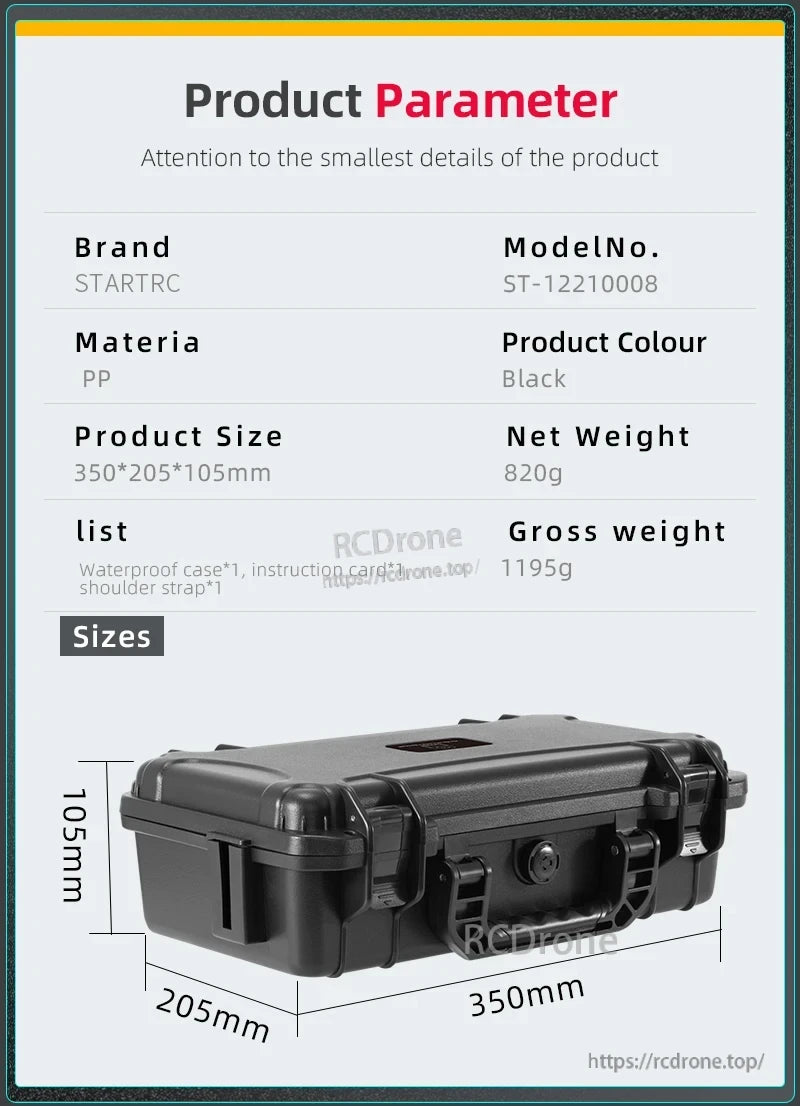 DJI Osmo 360 Travel Case, Black PP case (350×205×105mm, 820g) with waterproof protection, instruction card, and shoulder strap included.