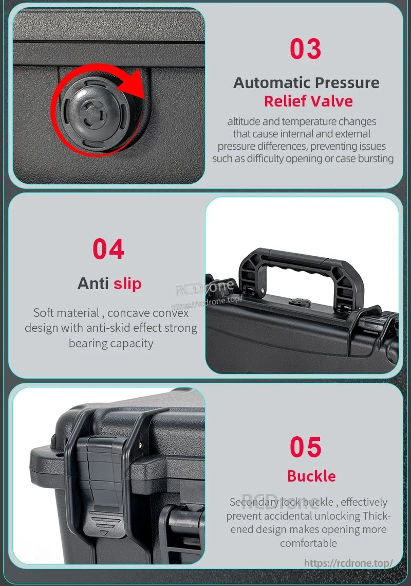DJI Osmo 360 Travel Case, Pressure relief valve prevents bursting; anti-slip handle with soft grip; secure secondary lock buckle for safety and easy opening.
