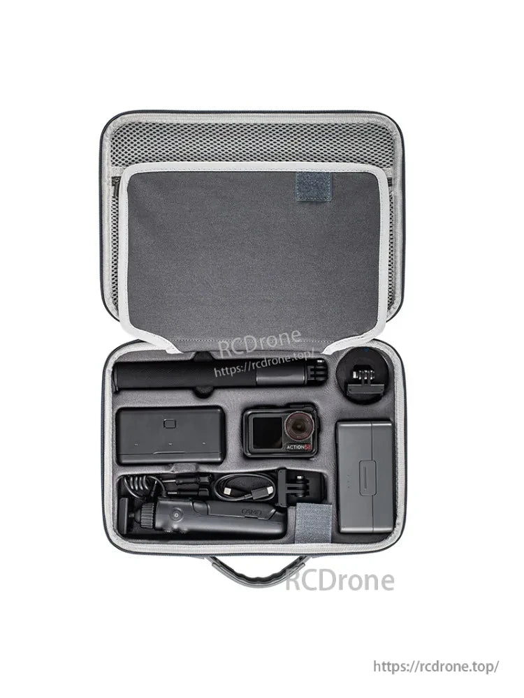 DJI Osmo Action 5 Pro Case, The compact case has a top handle, adjustable shoulder strap, and features like a zippered mesh pocket and elastic bands.