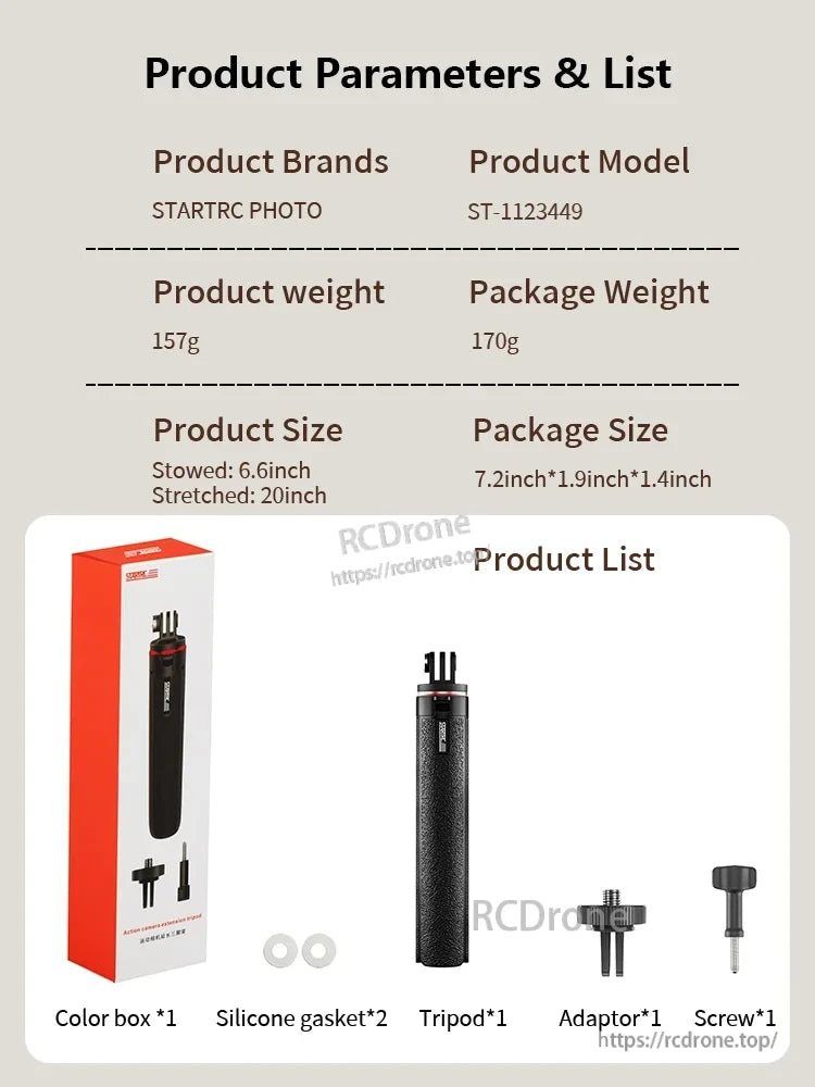 DJI Selfie Stick, STARTRC PHOTO ST-1123449 selfie stick weighs 157g, folds to 6.6 inches, extends to 20 inches. Includes box, silicone gaskets, tripod, adapter, and screw.