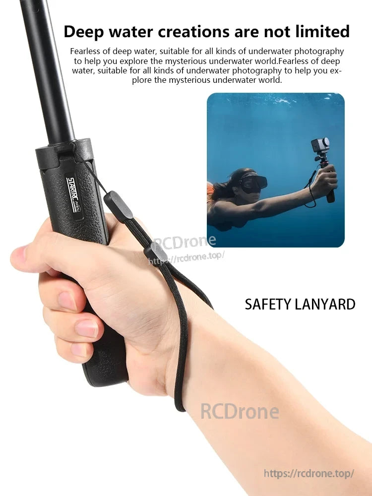 DJI Selfie Stick, Perfect for underwater photography, this fearless design offers unlimited deep-water creativity and includes a safety lanyard for added security.