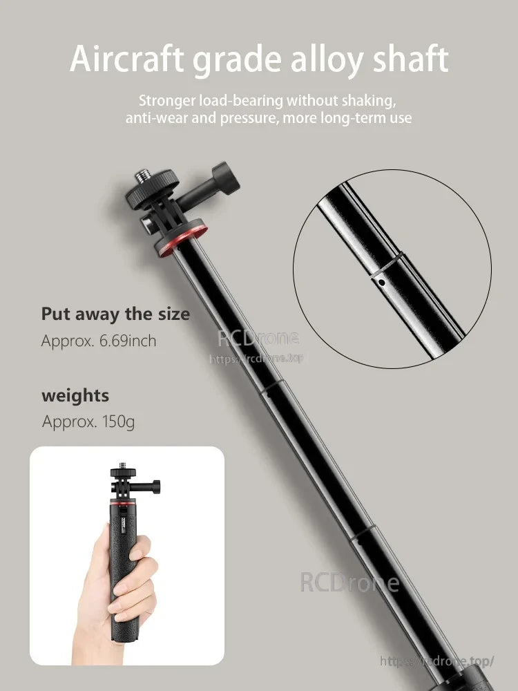 DJI Selfie Stick, High-strength, lightweight aircraft-grade alloy shaft with excellent load-bearing and wear resistance in a compact design.