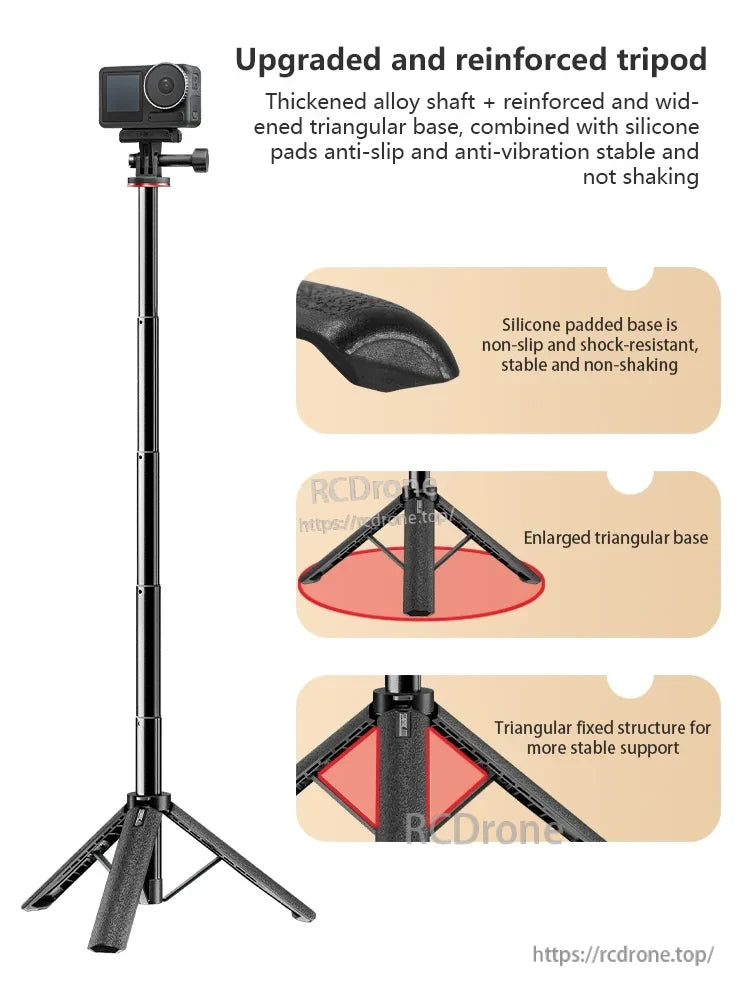DJI Selfie Stick, Enhanced tripod with thickened alloy shaft, reinforced base, and silicone pads for superior anti-slip, anti-vibration stability.