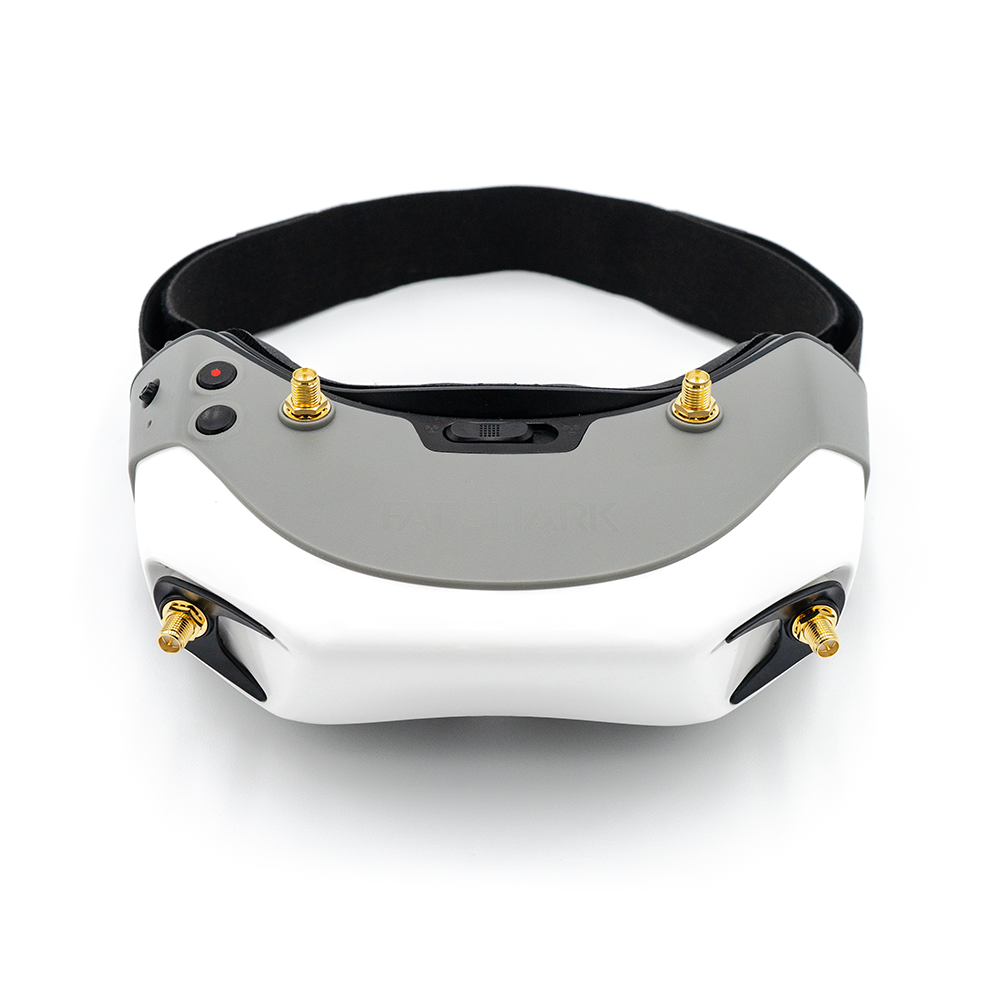 Front view of FPV goggles showing top buttons, center slider, and four antenna connector mounts