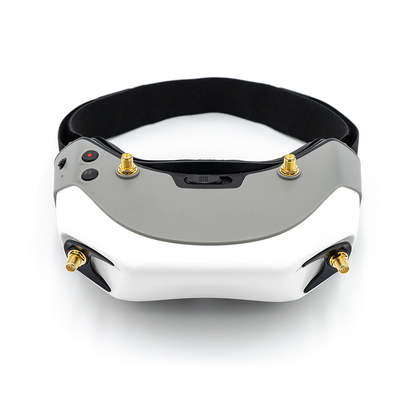Front view of FPV goggles showing top buttons, center slider, and four antenna connector mounts