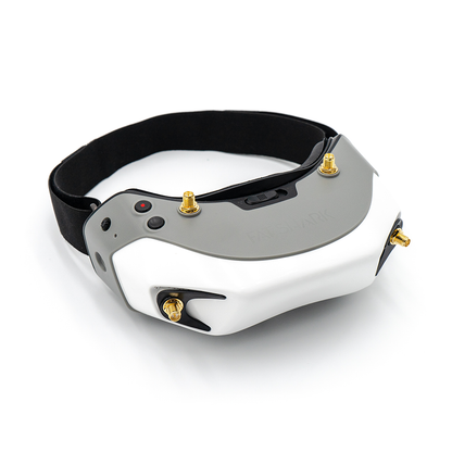 Fat Shark Dominator HD FPV Goggle angled top view with head strap and antenna connector mounts