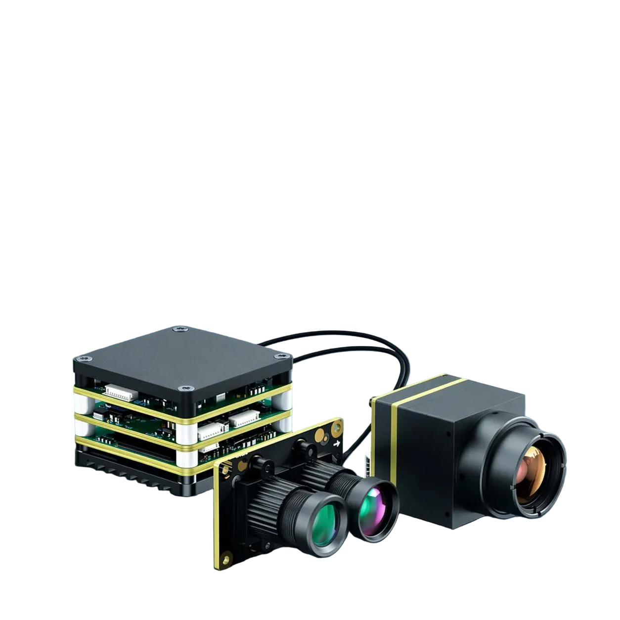 Droneer AI VisionCube AI Perception Module for FPV drones with main unit, stereo camera and thermal camera