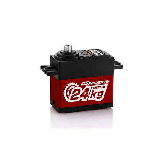 Red and black DSpower DS-B008-C servo motor with metal output shaft and 24kg brushless label.