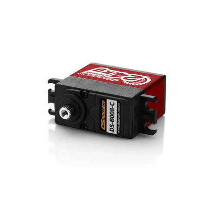 DSpower DS-B008-C servo motor lying on its side, showing the splined metal output shaft and model label.