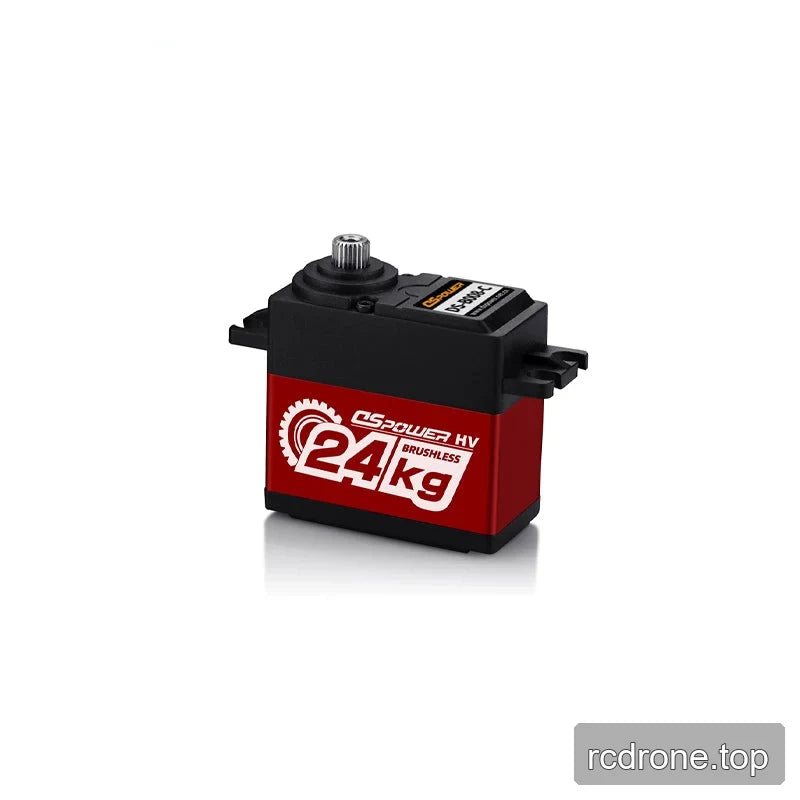 Upright red and black DS-B008-C servo motor with 24kg brushless side marking and metal output shaft.