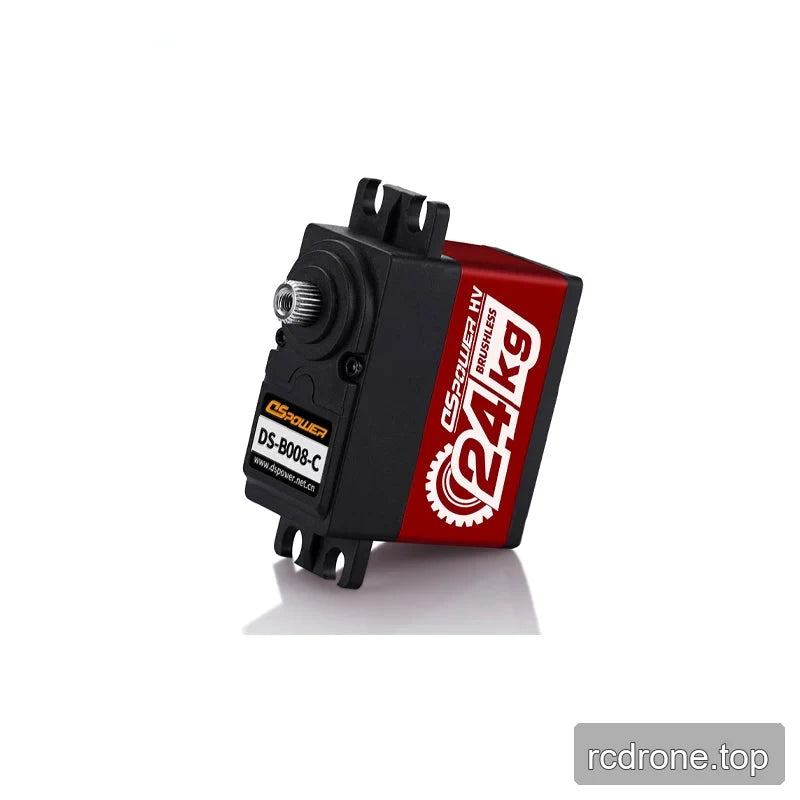Angled DS-B008-C servo motor view showing the splined output shaft, mounting tabs, and red 24kg brushless housing.