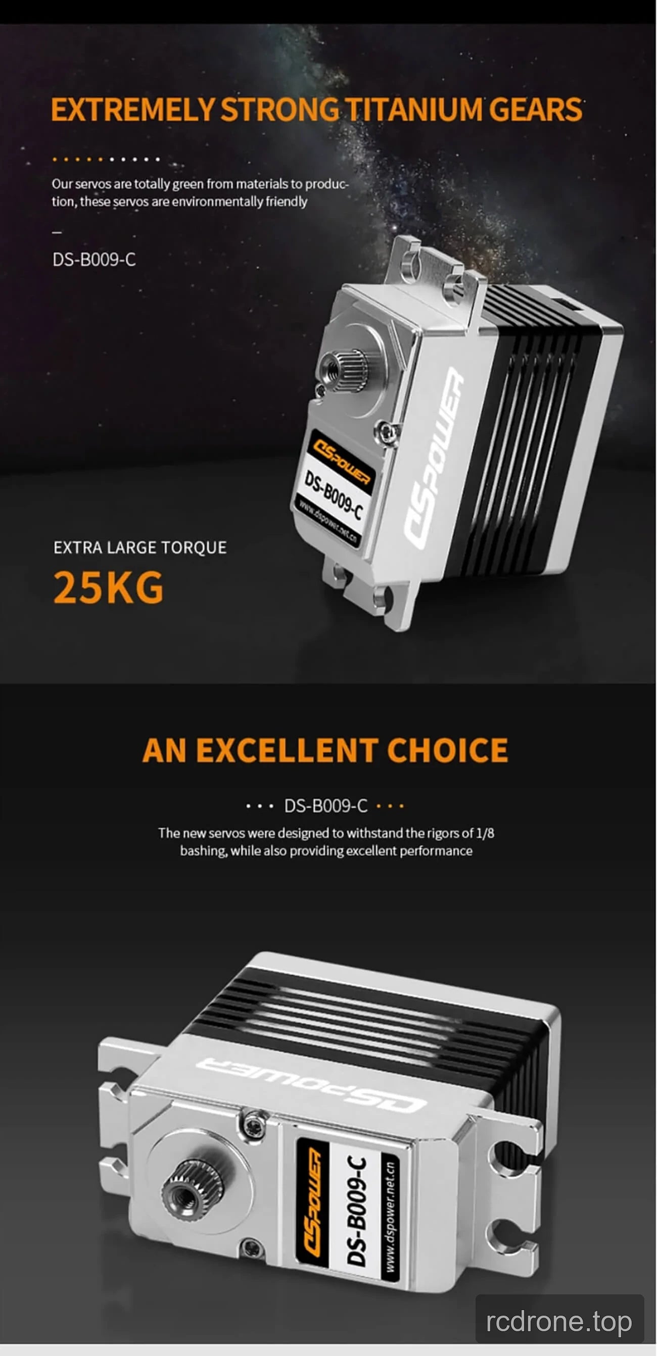 DSpower DS-B009-C brushless servo motor with gear train and mounting hardware — section 3 of 5