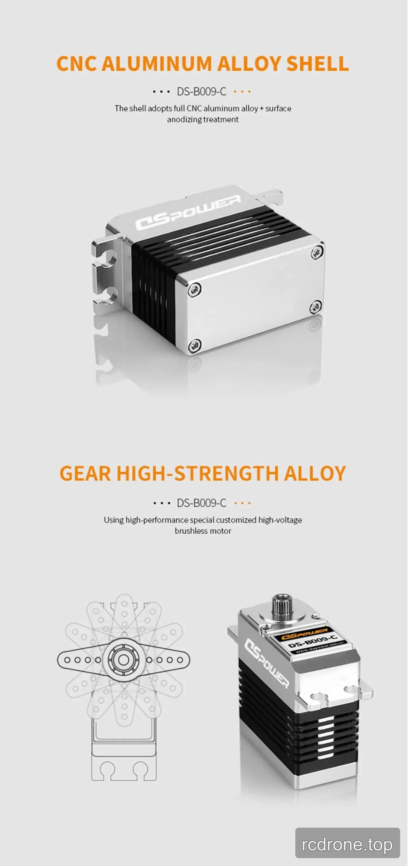 DSpower DS-B009-C brushless servo motor with gear train and mounting hardware — section 4 of 5