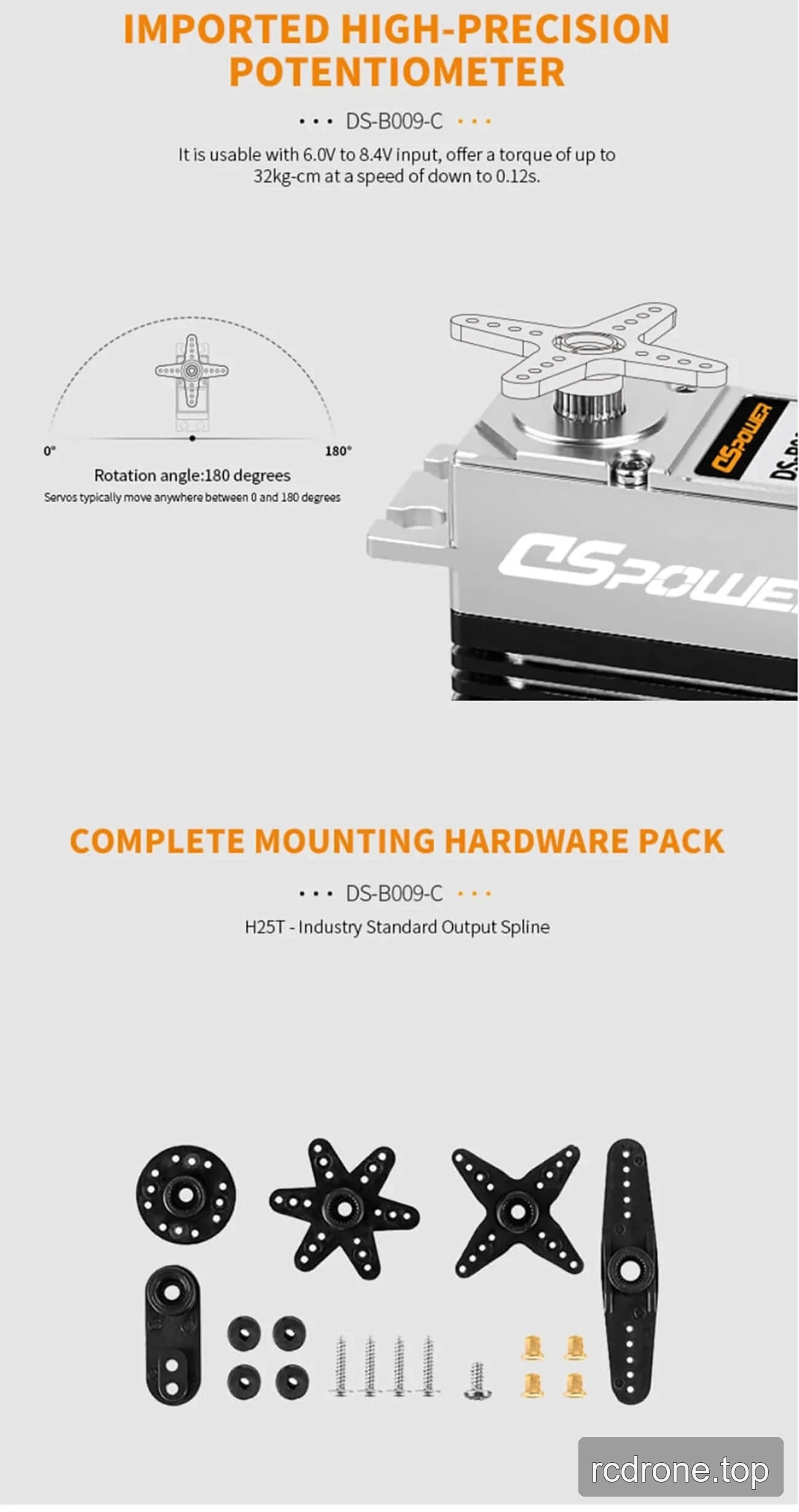 DSpower DS-B009-C brushless servo motor with gear train and mounting hardware — section 5 of 5