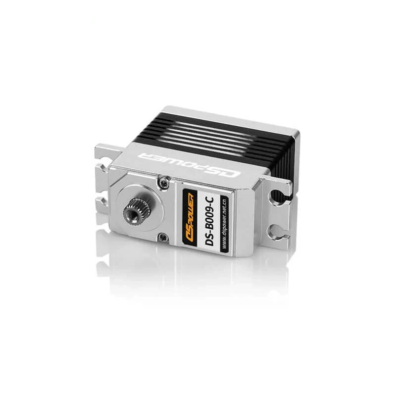 DSpower DS-B009-C servo motor shown from the output-shaft end with black finned housing and mounting holes.