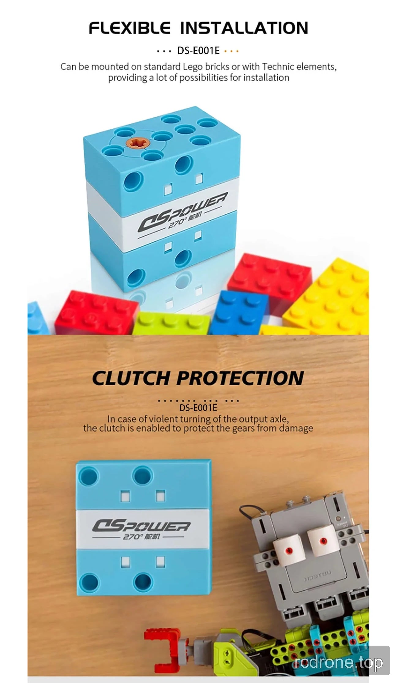 DSpower DS-E001E building-block servo application and feature graphic — section 4 of 5