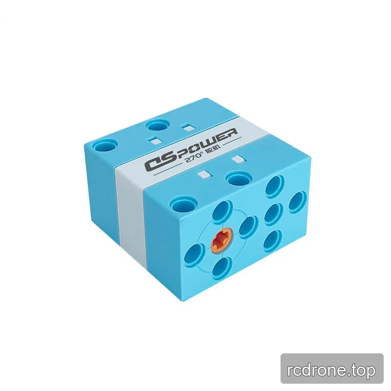 Blue DSpower DS-E001E servo motor lying horizontally, with orange end output spline and white band marked 270° visible.