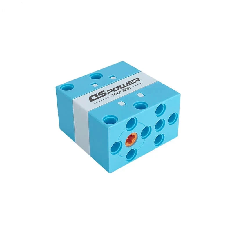 Blue DSpower DS-E001E servo motor lying horizontally, showing its orange end output spline and circular mounting ports.