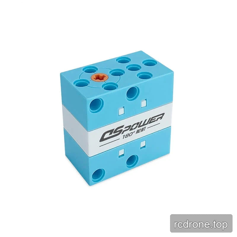 Blue DSpower DS-E001E servo motor from a raised front angle, showing the orange top output spline and 180° band.