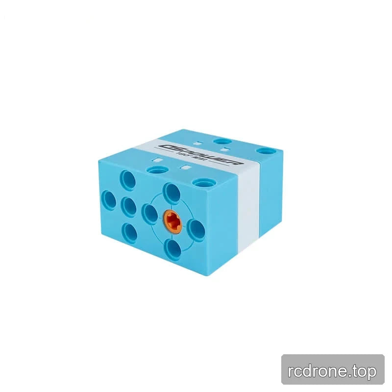 Blue DSpower DS-E001E servo motor in a horizontal rear three-quarter view with orange end output spline and white band.