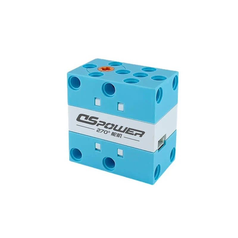 Blue DSpower DS-E001E servo motor shown upright with a white center band, top output spline, and circular ports.