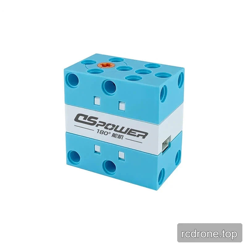 Blue DSpower DS-E001E servo motor upright, with the white band marked 180° and a side connector opening visible.
