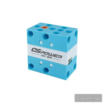 Blue DSpower DS-E001E servo motor upright, with the white band marked 180° and a side connector opening visible.