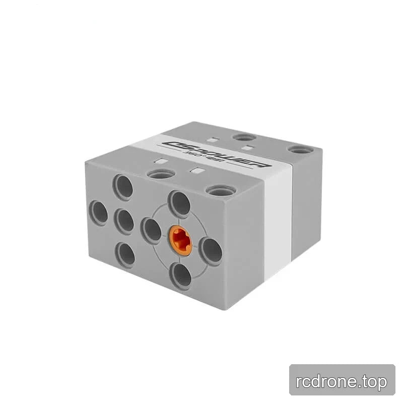 Gray DSpower DS-E001F servo motor in a low front three-quarter view with orange output hub and circular face holes.