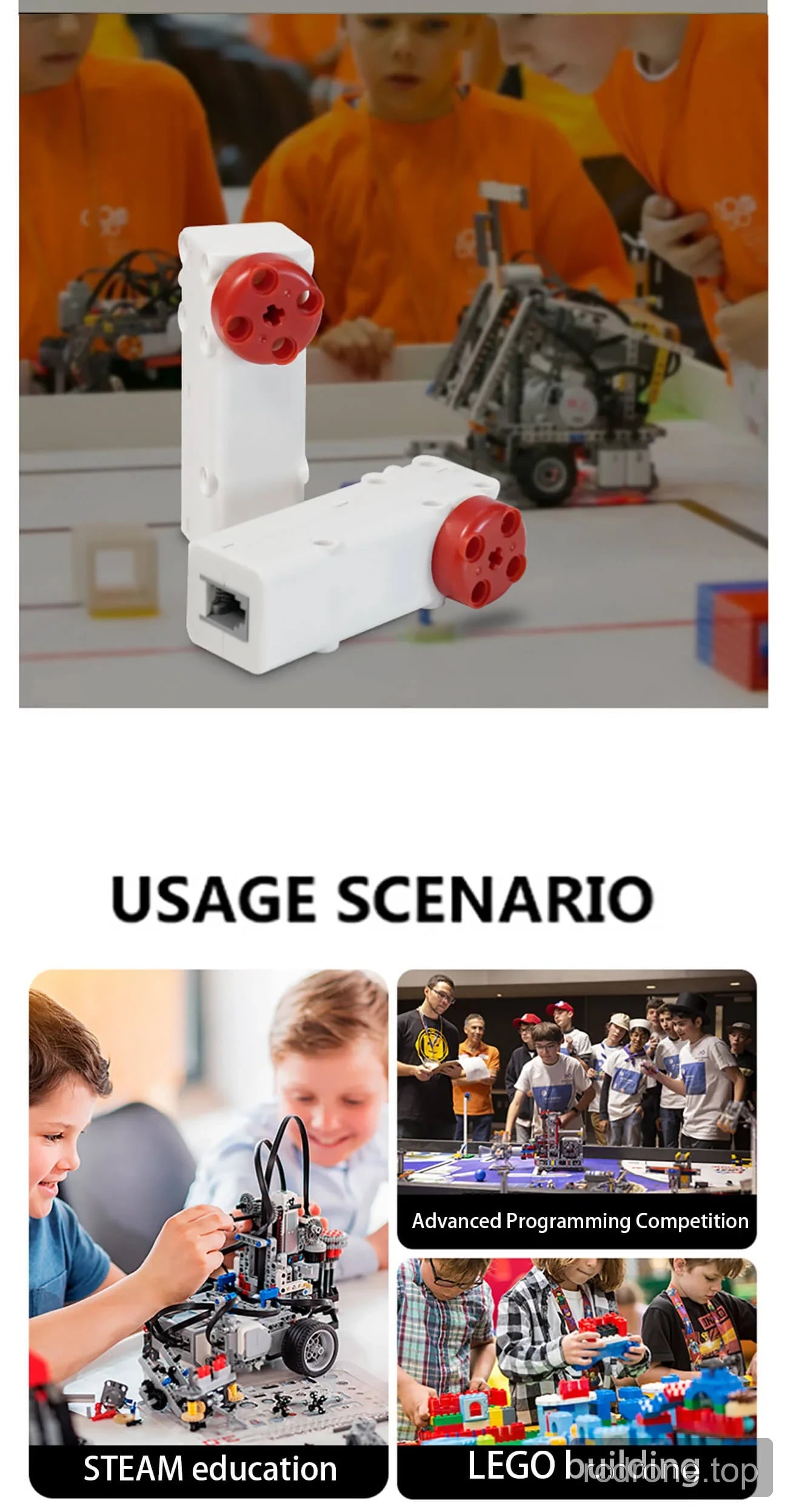 DS-E025A white servo motors with red output hubs and feature labels — section 2 of 4
