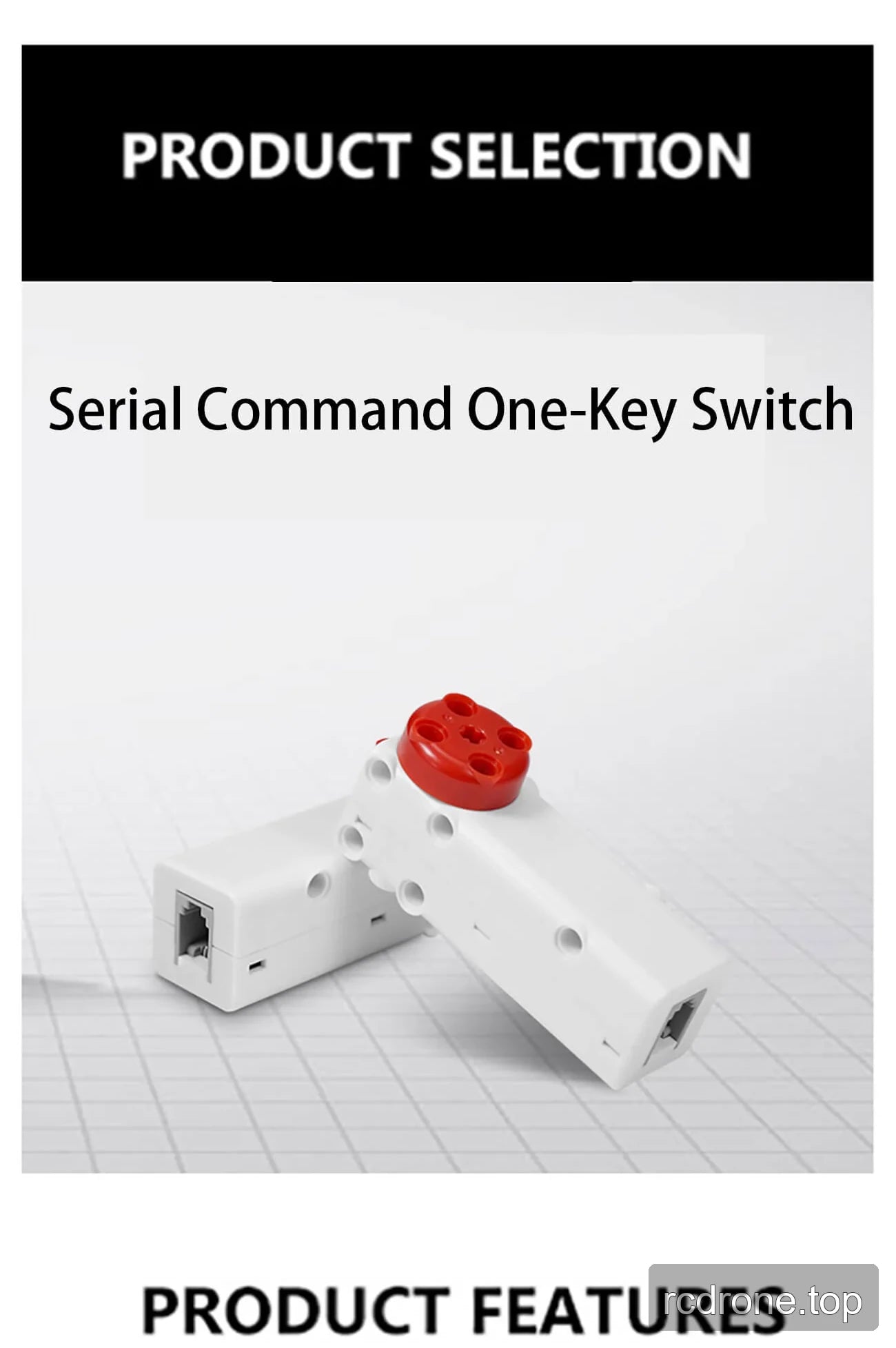 DS-E025A white servo motors with red output hubs and feature labels — section 3 of 4
